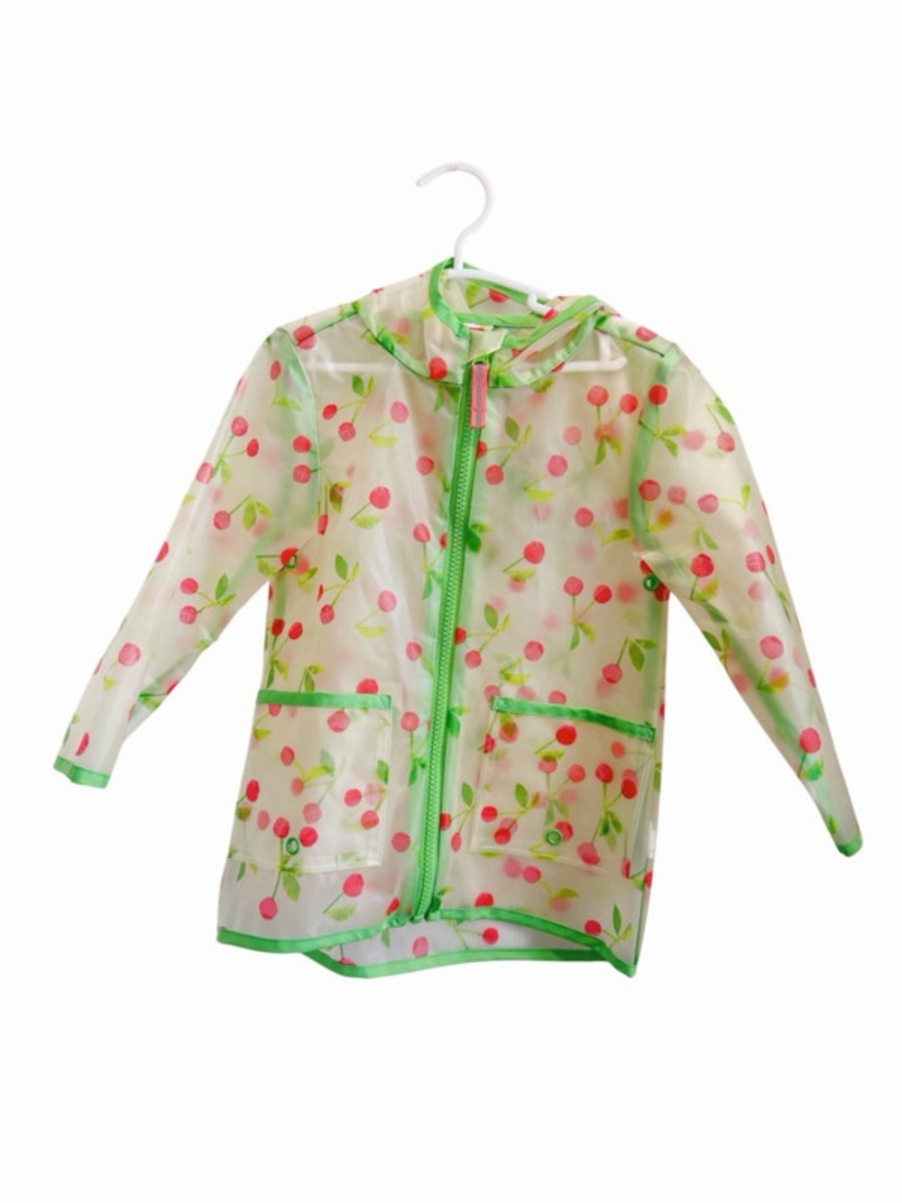 Clear Cherry Print Kids Raincoat with Green Trim
